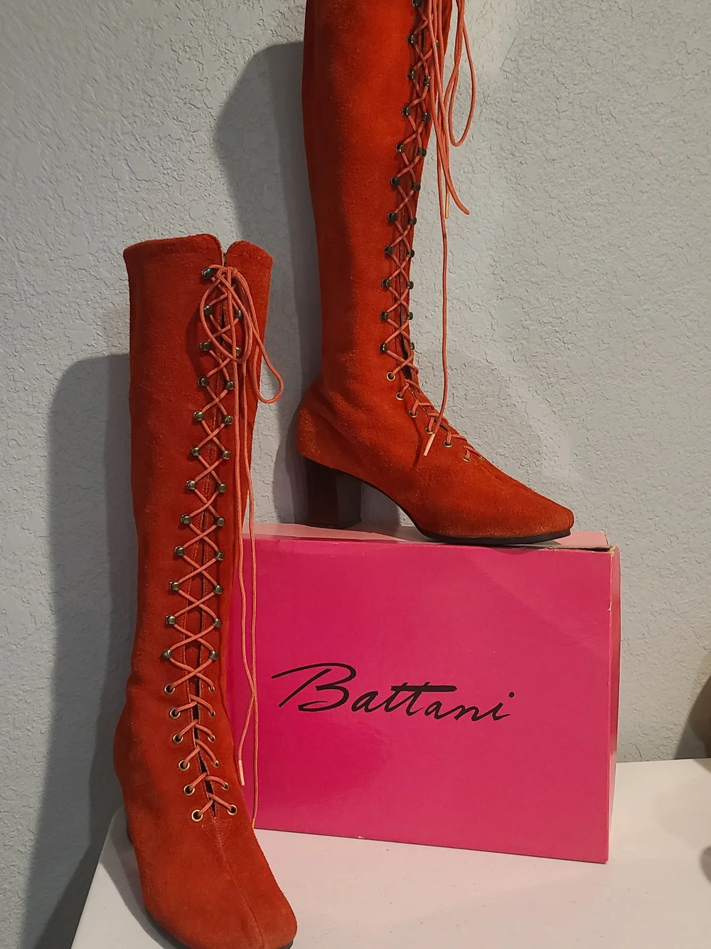 Vintage, Battani, Orange Suede Lace-Up Knee-High Go-Go Boots